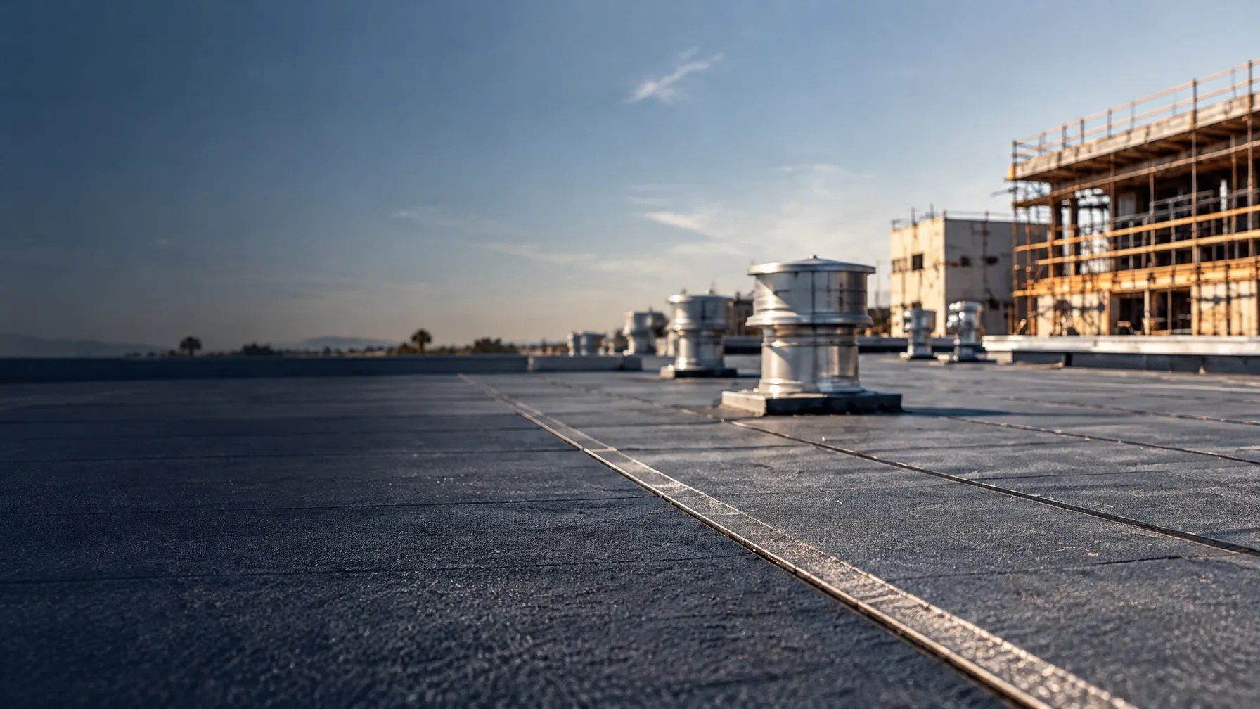 Commercial rooftop construction site viewed at golden hour, representing the hard-to-place workers’ compensation risks Broker Solutions writes for retail brokers